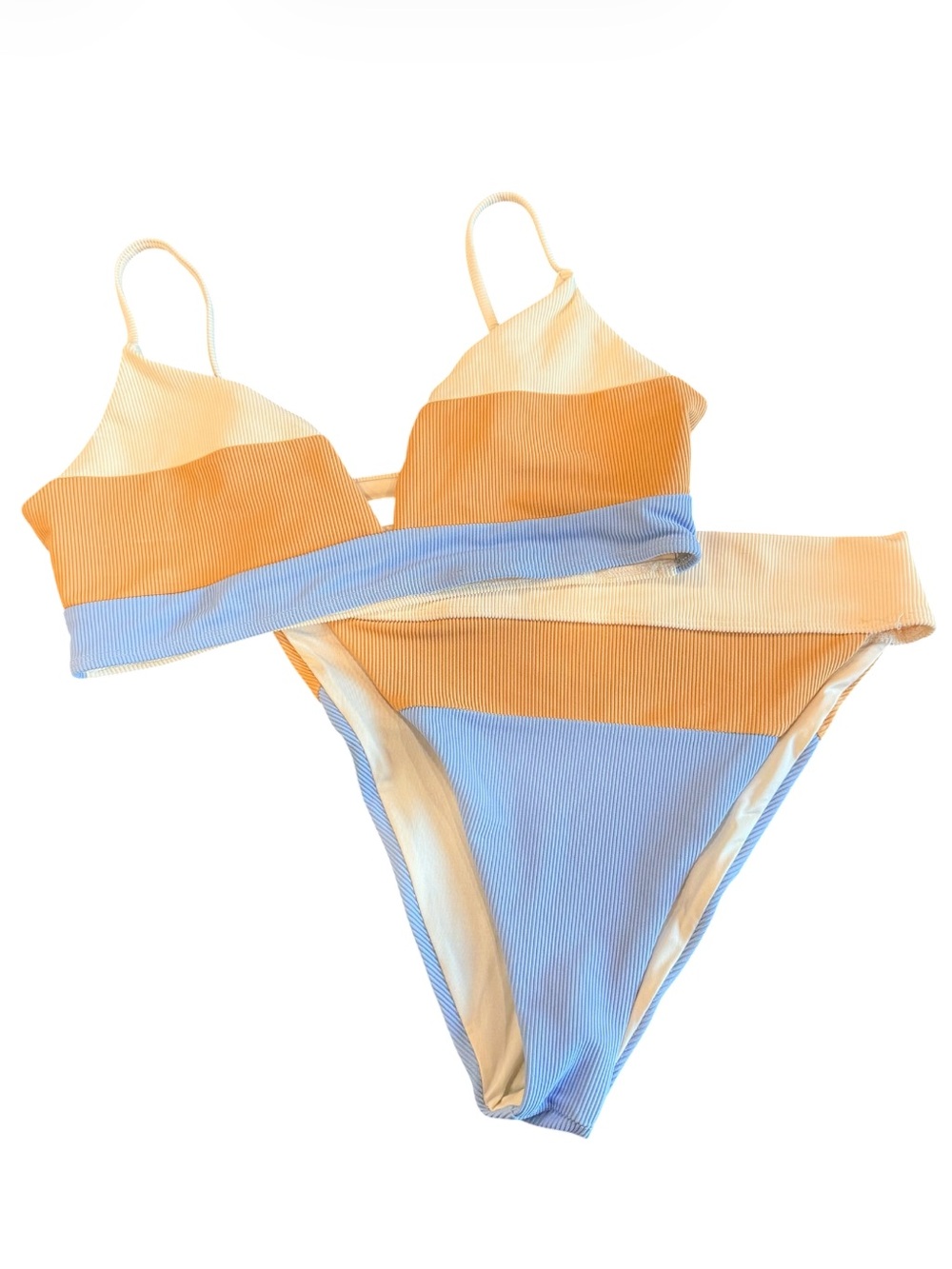 BEACH RIOT Riza Alexis Ribbed Bikini Set XL Blue Cream Tan Colorblock Swim